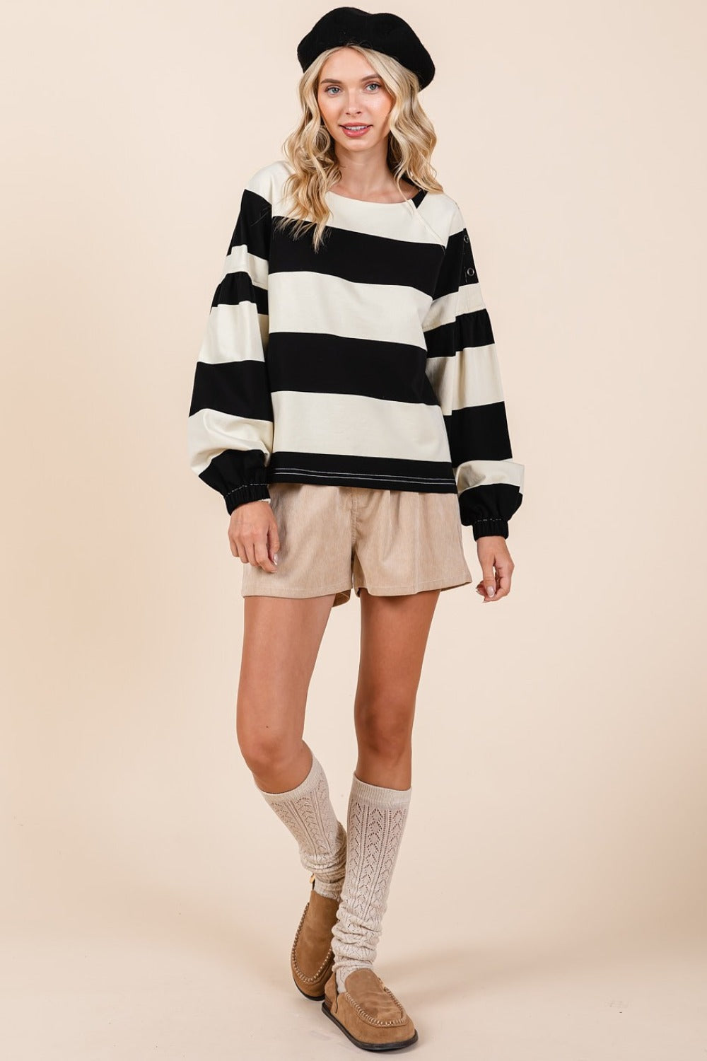 Chic Striped Long Sleeve T-Shirt with Snap Shoulder Detail