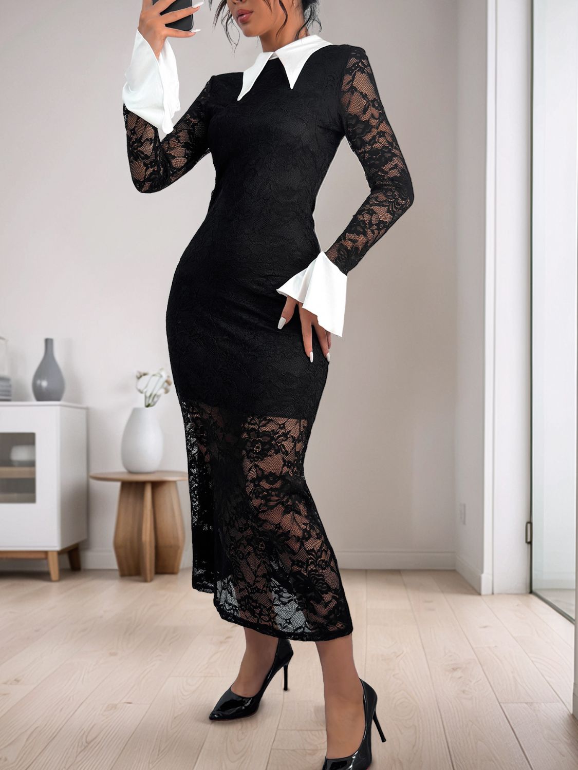 Perfee Lace Contrast Collared Neck Long Sleeve Midi Dress - ShopEasier