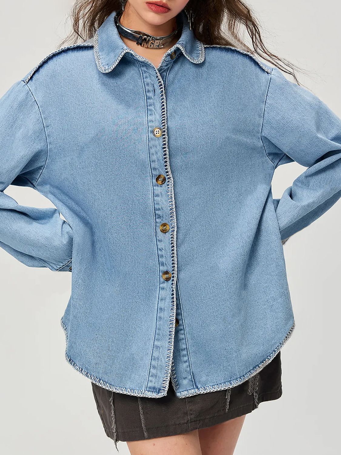 Button Up Collared Neck Denim Top - ShopEasier