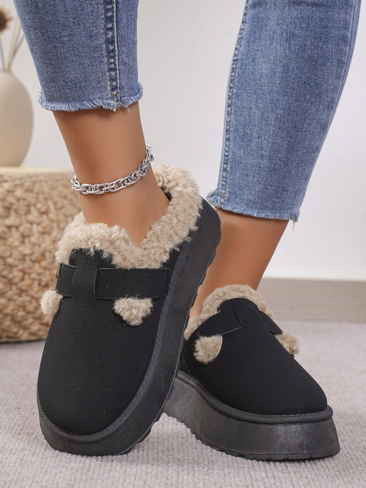 Cozy Faux Fur Buckle Platform Slippers