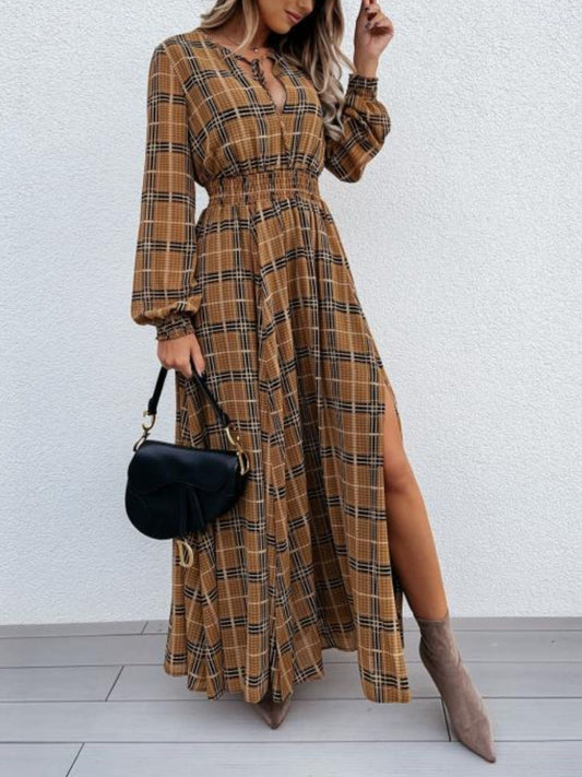 Slit Plaid Tie Neck Long Sleeve Maxi Dress - ShopEasier