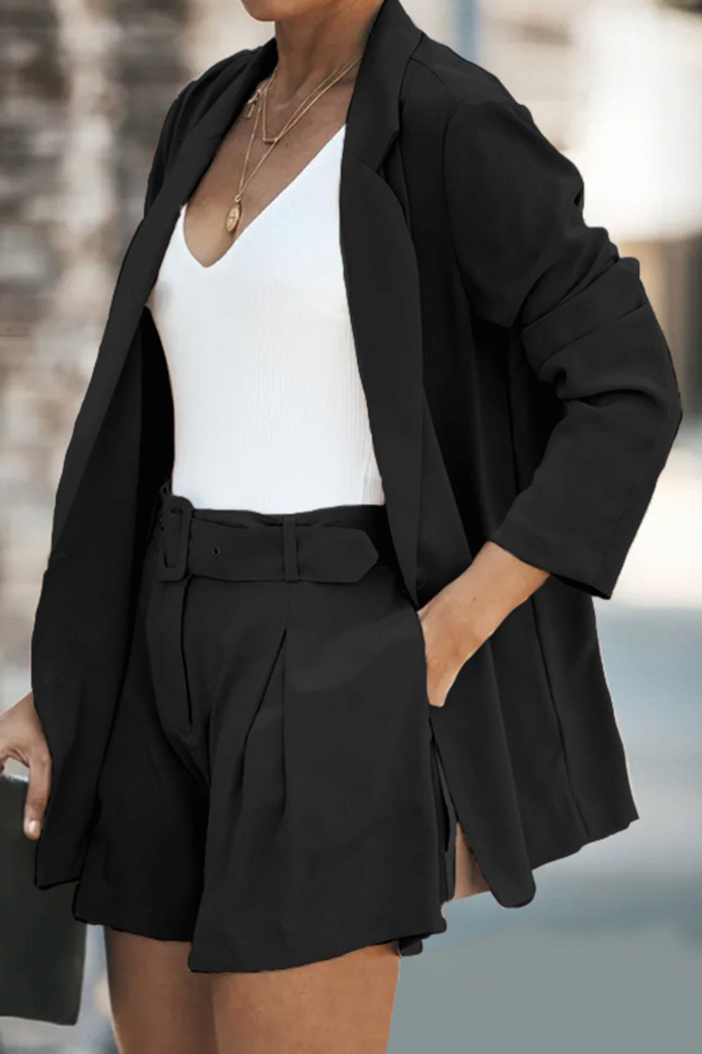 Longline Blazer and Shorts Set with Pockets - ShopEasier