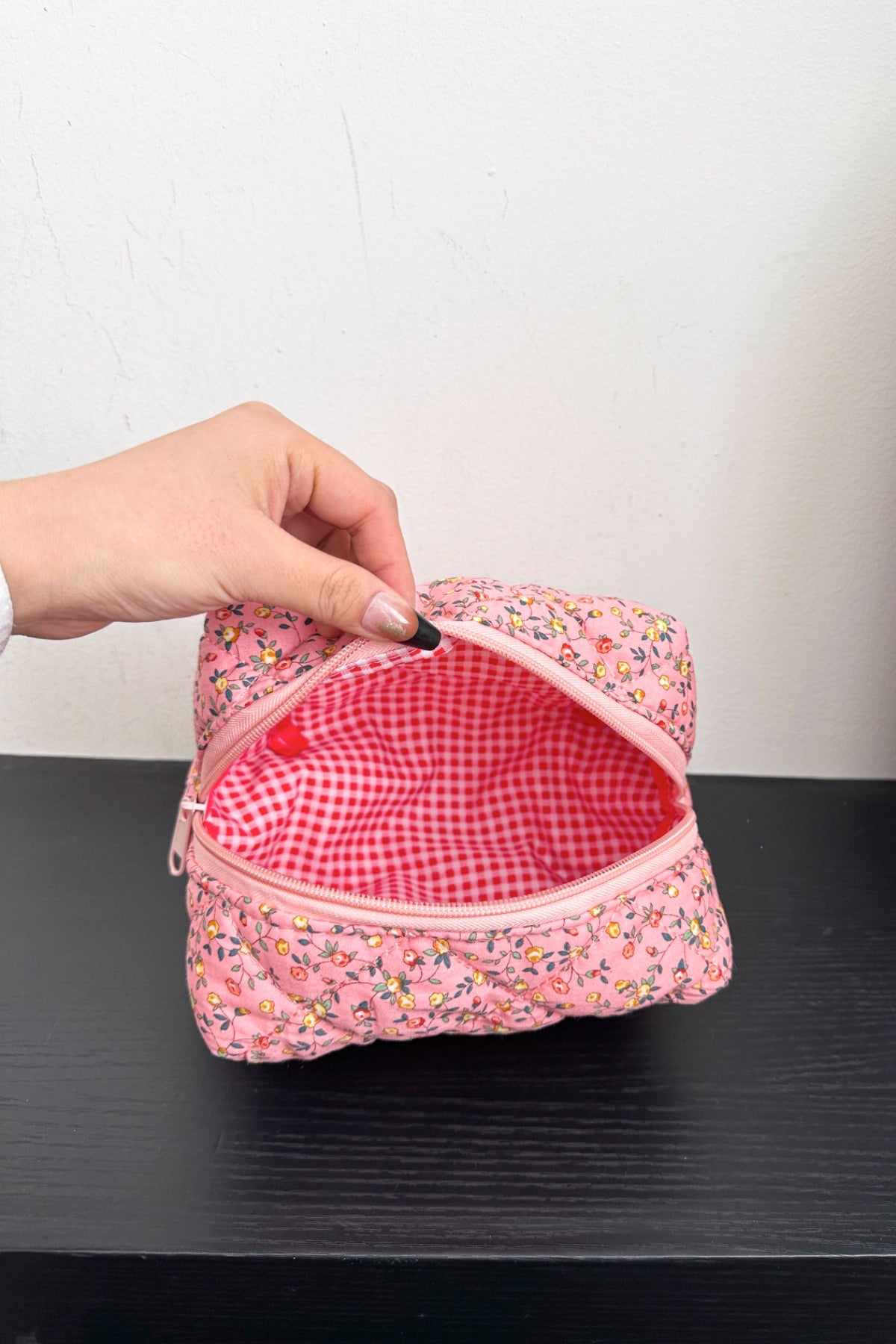 Quilted Floral Clutch with Checkered Interior