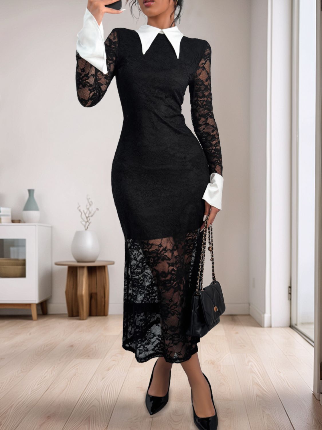 Perfee Lace Contrast Collared Neck Long Sleeve Midi Dress - ShopEasier