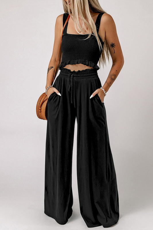 Chic Square Neck Crop Top and Flare Pants Ensemble