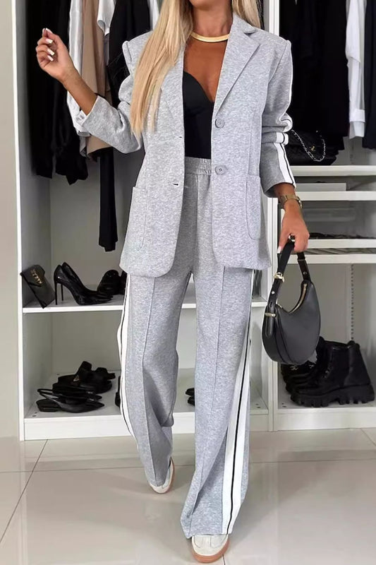 Full Size Contrast Lapel Collar Top and Pants Set - ShopEasier