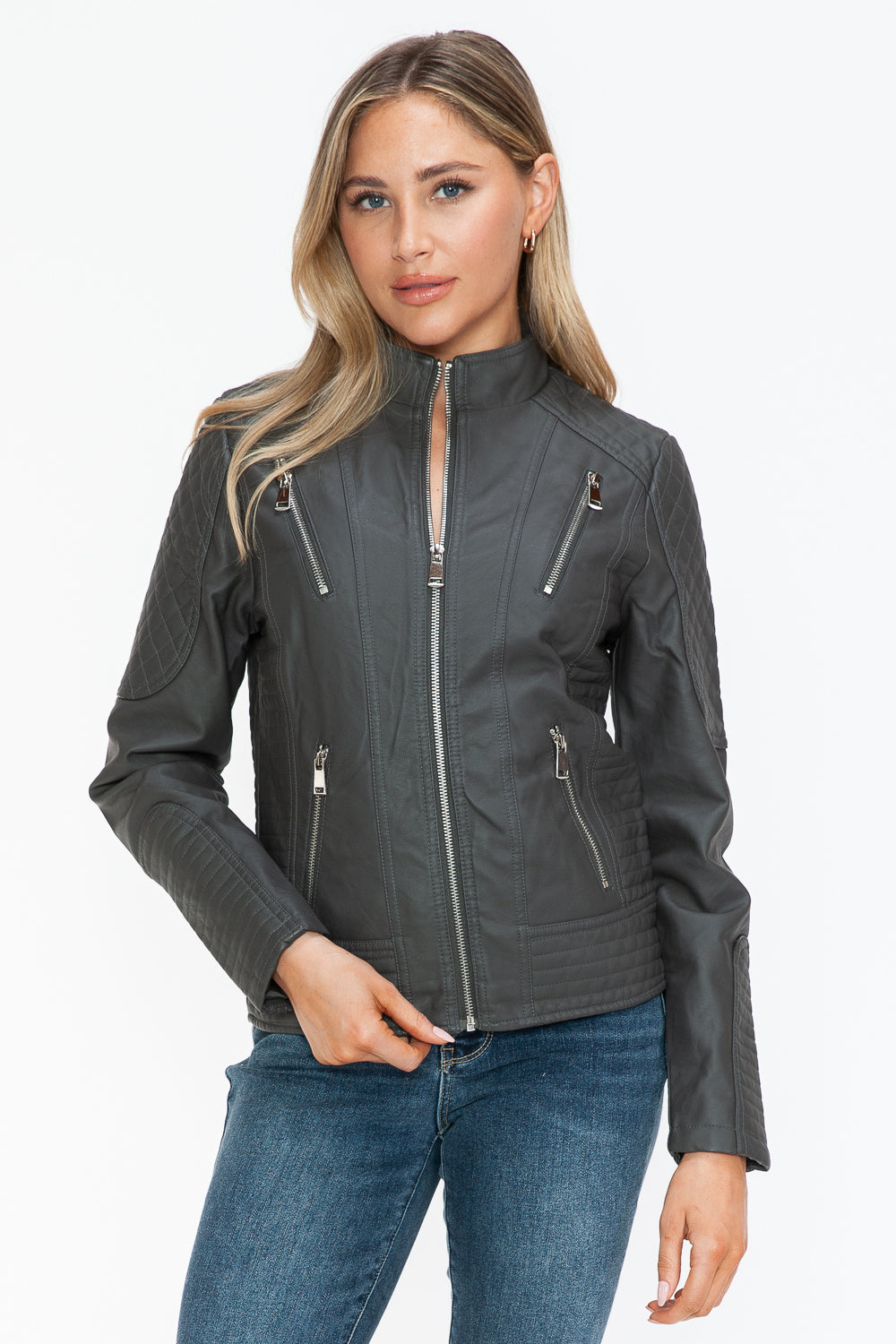 Snobbish Faux Leather Zip Up Mock Neck Jacket - ShopEasier