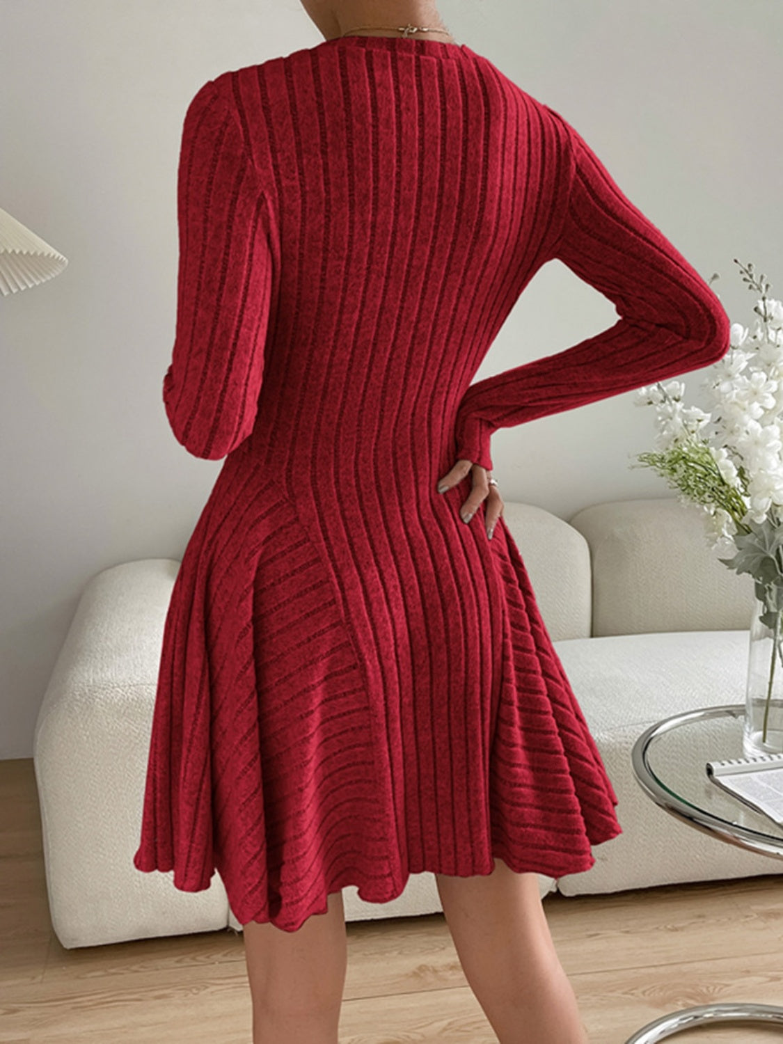 Ribbed Round Neck Long Sleeve Dress - ShopEasier