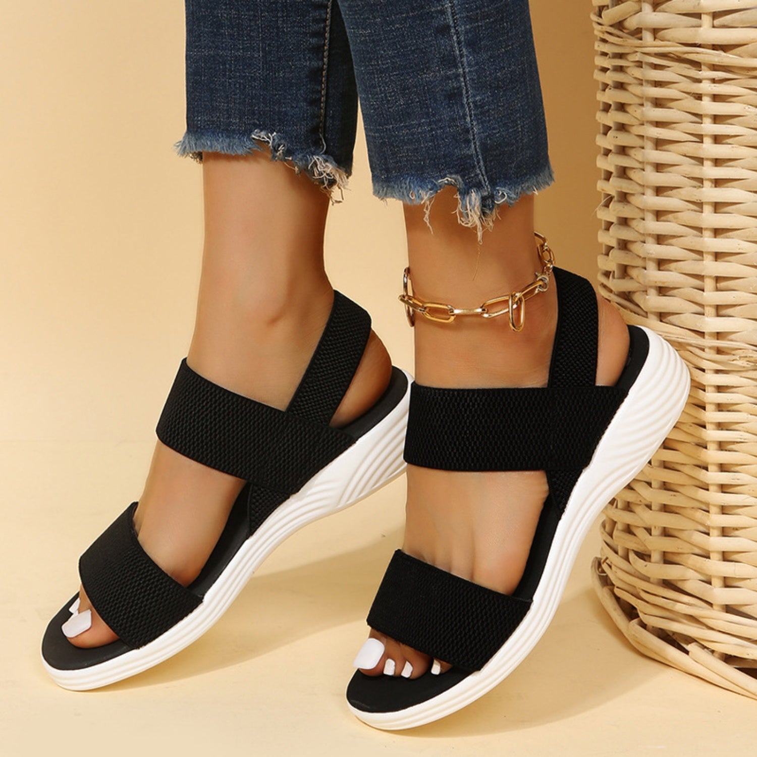 Rubber Open Toe Low Heel Sandals - ShopEasier