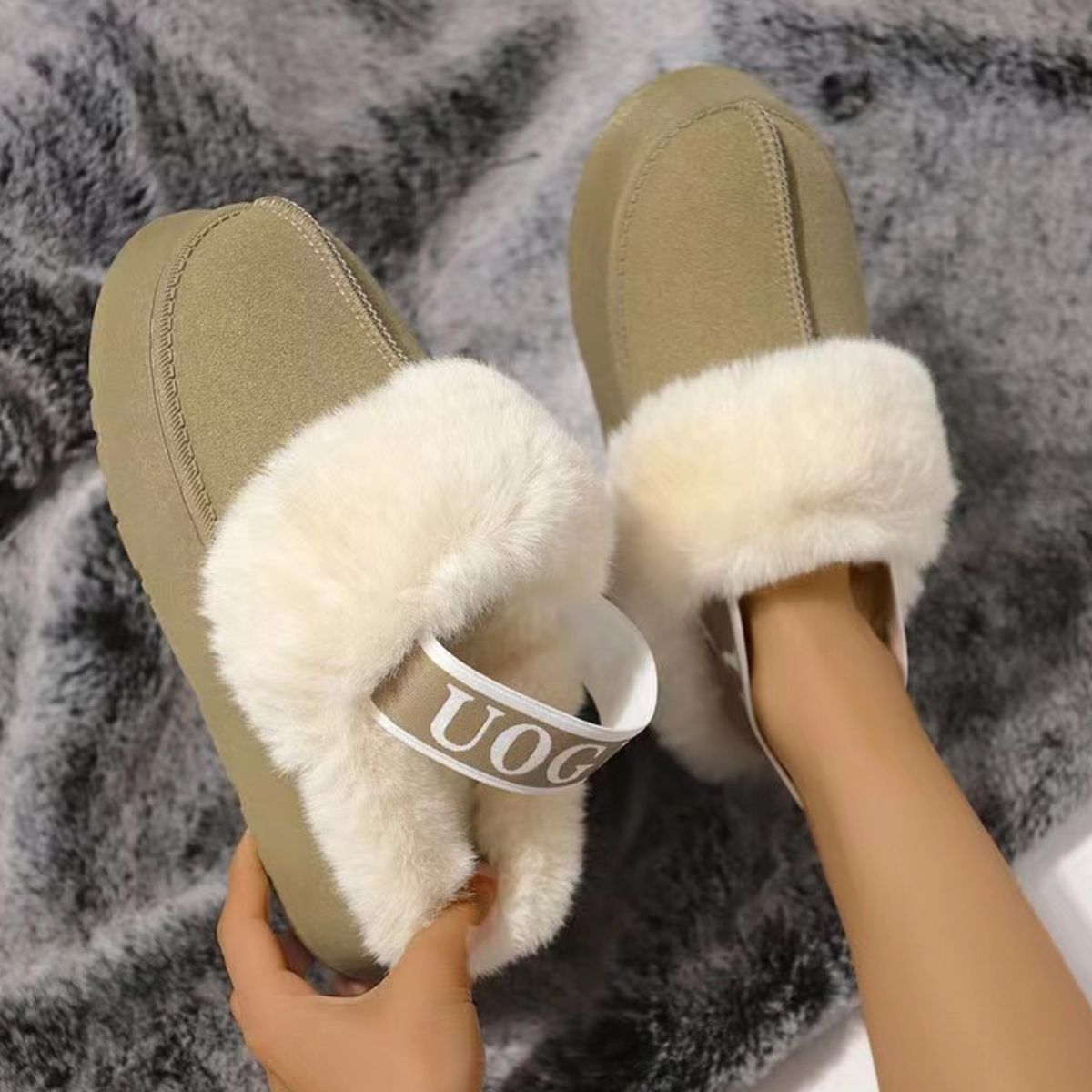 Fuzzy Lettered Slide Slippers with Plush Cushioning