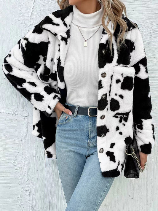 Cow Print Collared Neck Button Up Fuzzy Jacket - ShopEasier