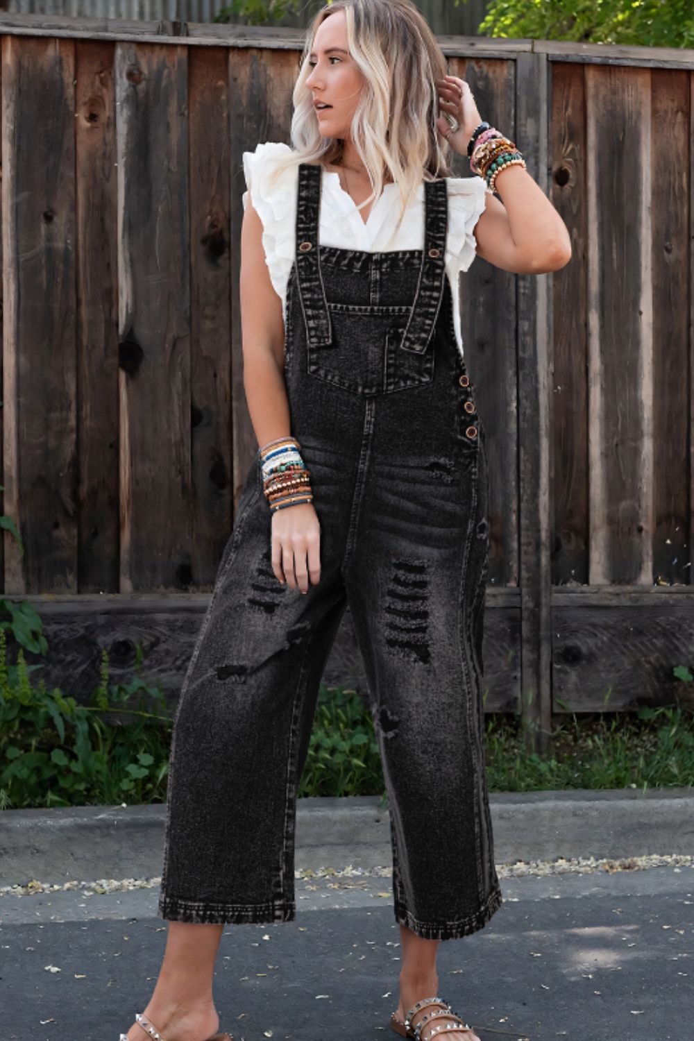 Distressed Wide Strap Denim Overalls - ShopEasier