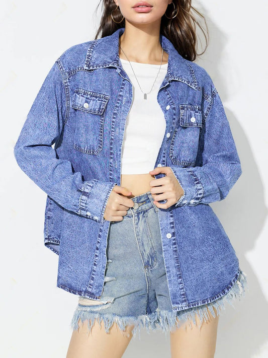 Curved Hem Collared Neck Denim Top - ShopEasier