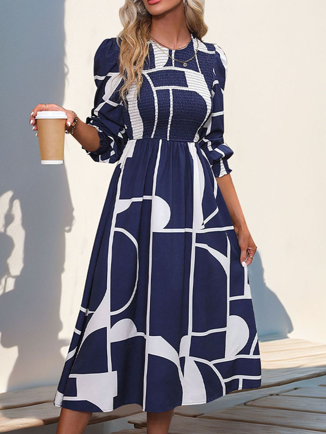 Perfee Smocked Color Block Long Sleeve Midi Dress - ShopEasier