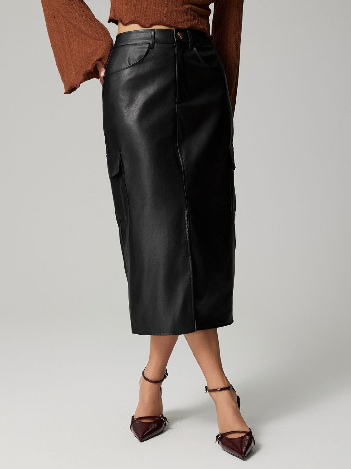 Button-Down Pocketed Slit Midi Skirt