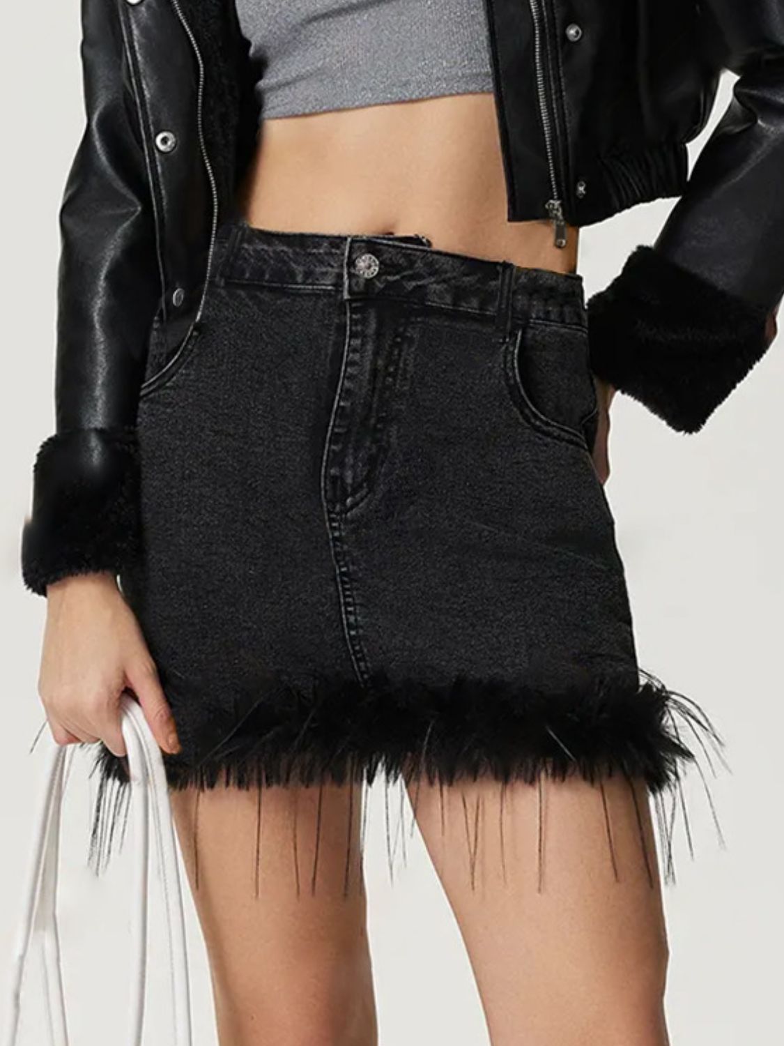 Plush Hem Mini Denim Skirt - ShopEasier