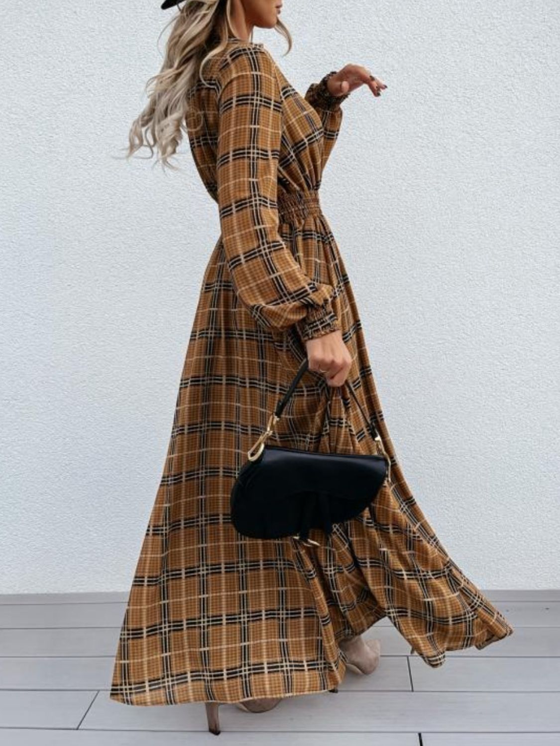 Slit Plaid Tie Neck Long Sleeve Maxi Dress - ShopEasier