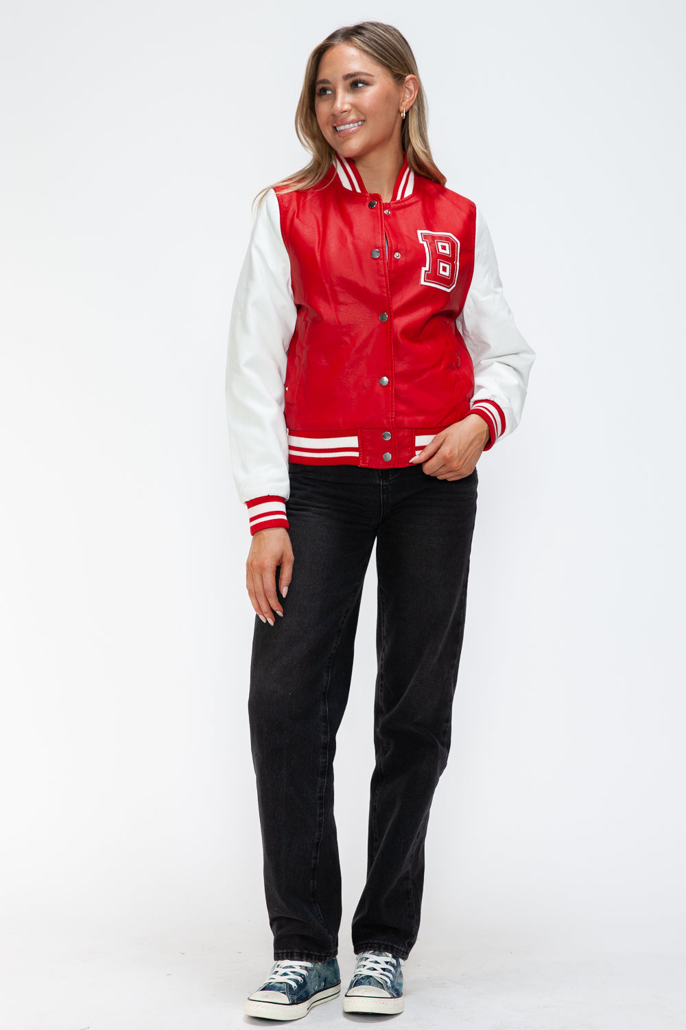 Love Me Now PU Leather Contrast Snap Down Bomber Jacket - ShopEasier