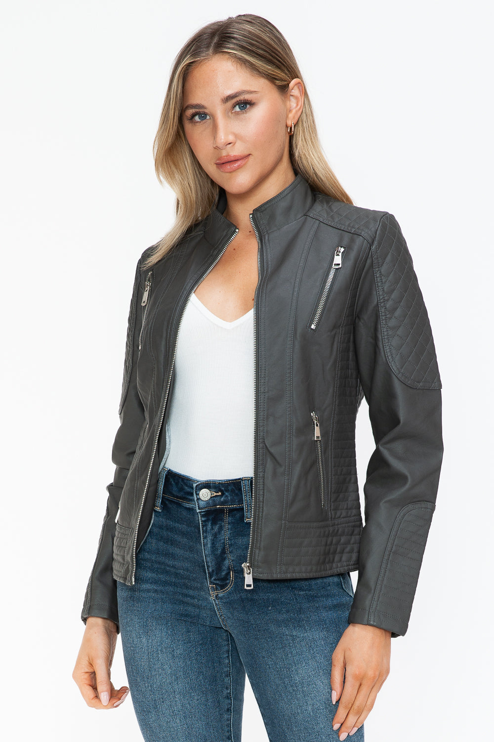 Snobbish Faux Leather Zip Up Mock Neck Jacket - ShopEasier