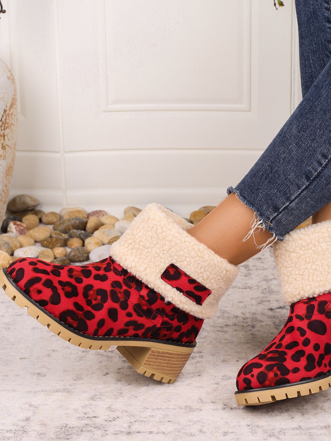 Leopard Block Heel Fuzzy Boots - ShopEasier