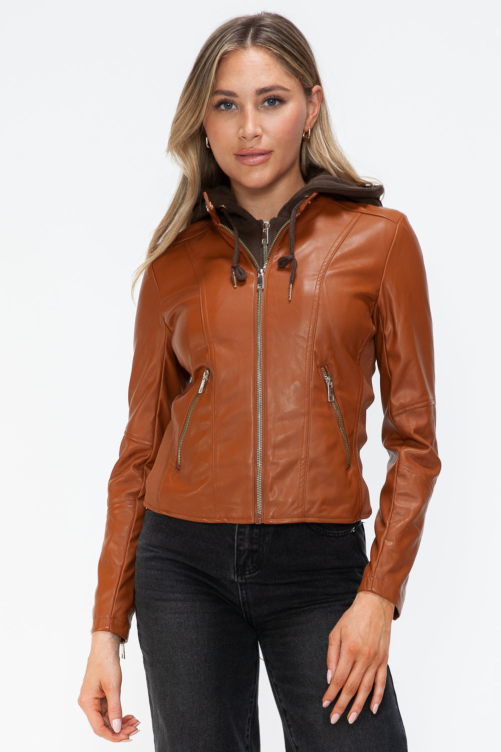 Snobbish Faux Leather Zip Up Drawstring Hooded Jacket - ShopEasier