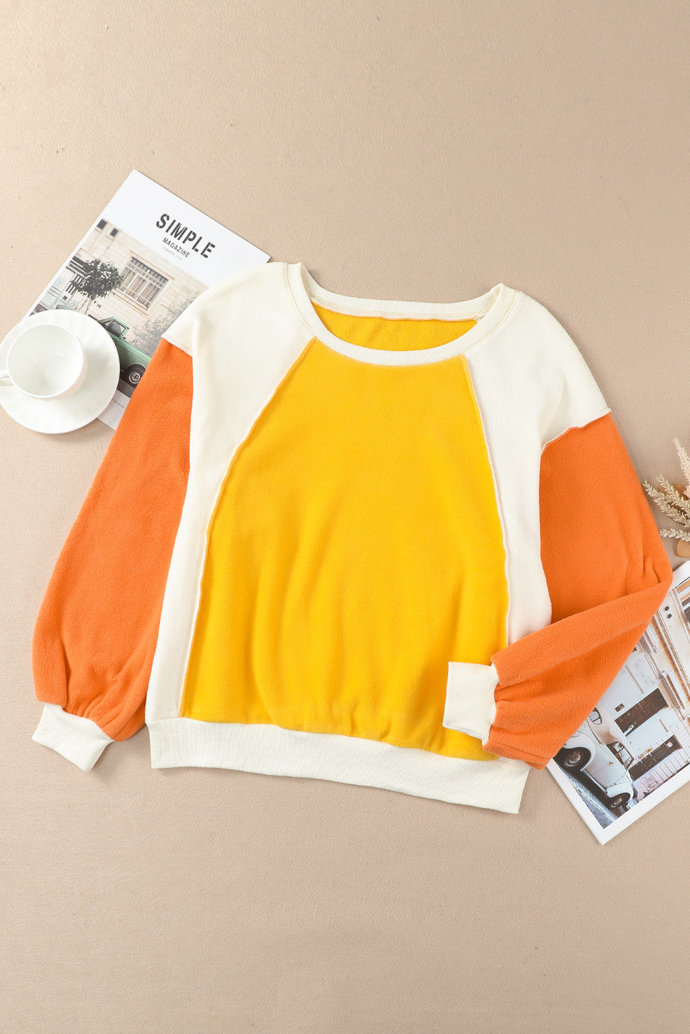 Color Block Casual Round Neck Sweatshirt with Dropped Shoulders