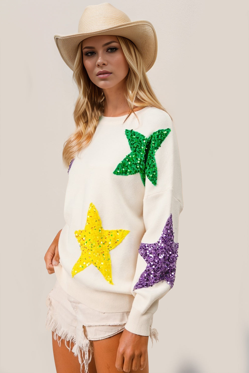 Double Take Sequin Star Round Neck Dropped Shoulder Sweater - ShopEasier