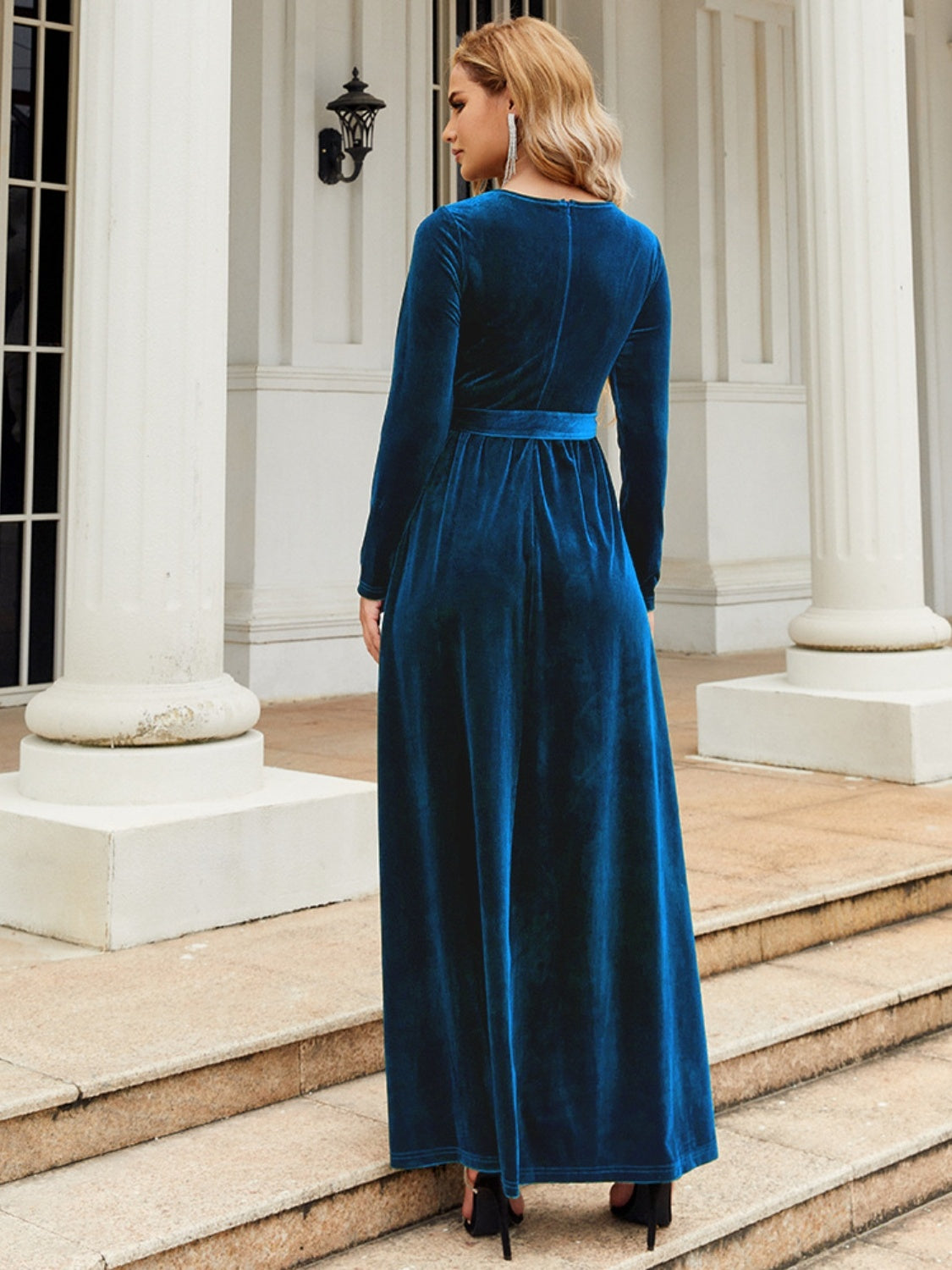 Tie Front Round Neck Long Sleeve Maxi Dress - ShopEasier