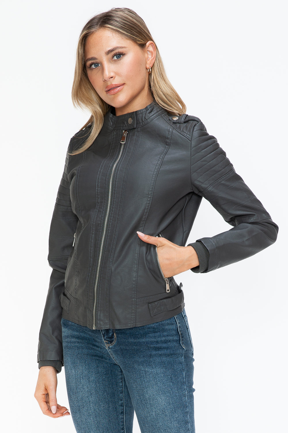 Snobbish PU Leather Biker Jacket with Side Zip Pockets - ShopEasier