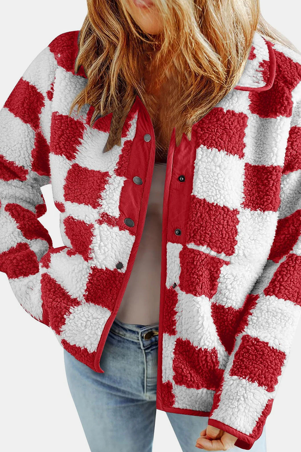 Checkered Snap Down Long Sleeve Teddy Jacket - ShopEasier