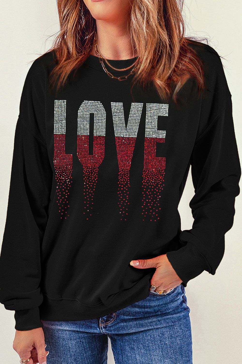 Rhinestone Embellished LOVE Graphic Long Sleeve Sweatshirt