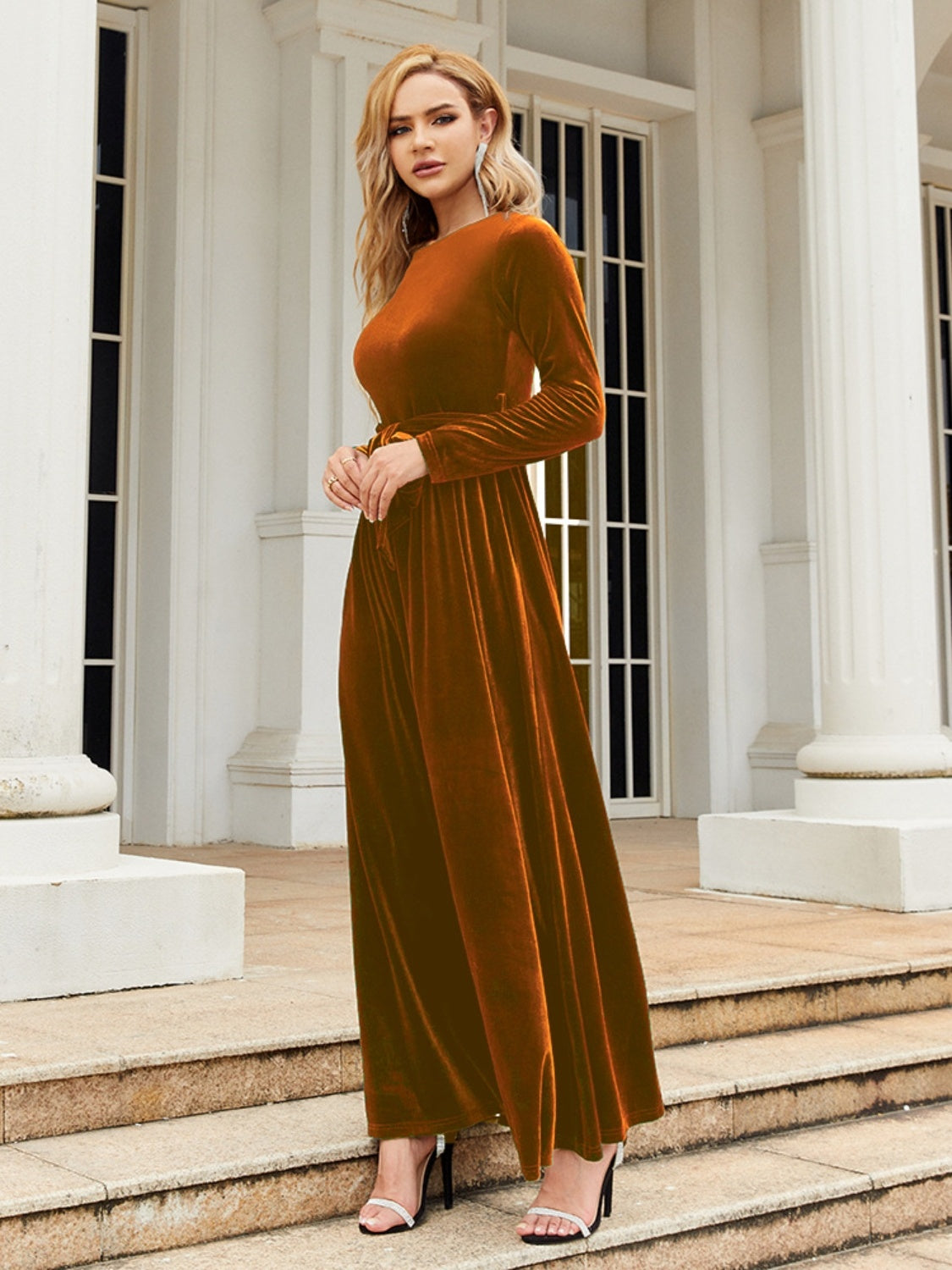 Tie Front Round Neck Long Sleeve Maxi Dress - ShopEasier