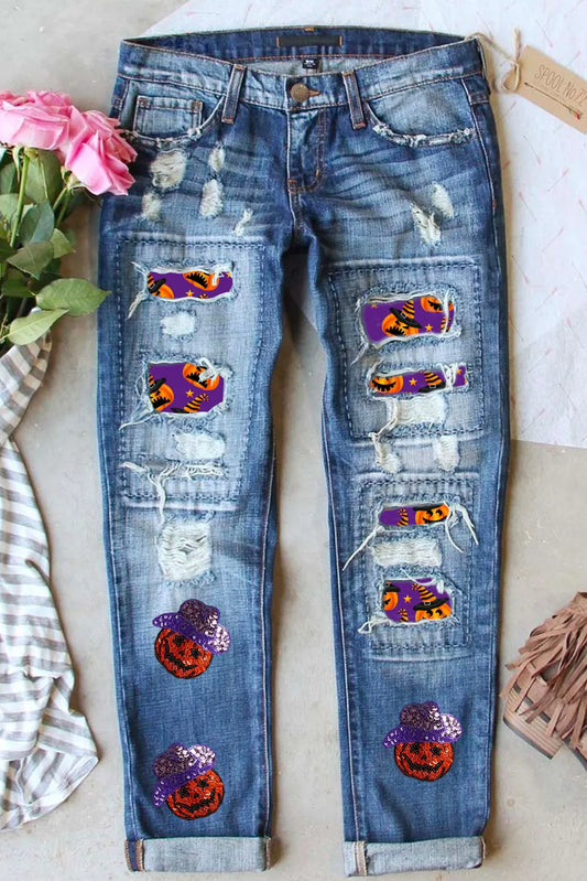 Distressed Sequin Pumpkin Jeans - ShopEasier