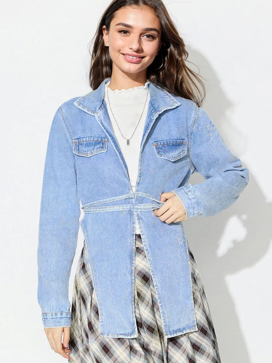 Asymmetric Slit Collared Neck Long Denim Top - ShopEasier