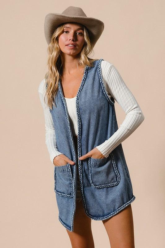 BiBi Braided Trim Open Front Denim Vest with Pockets - ShopEasier