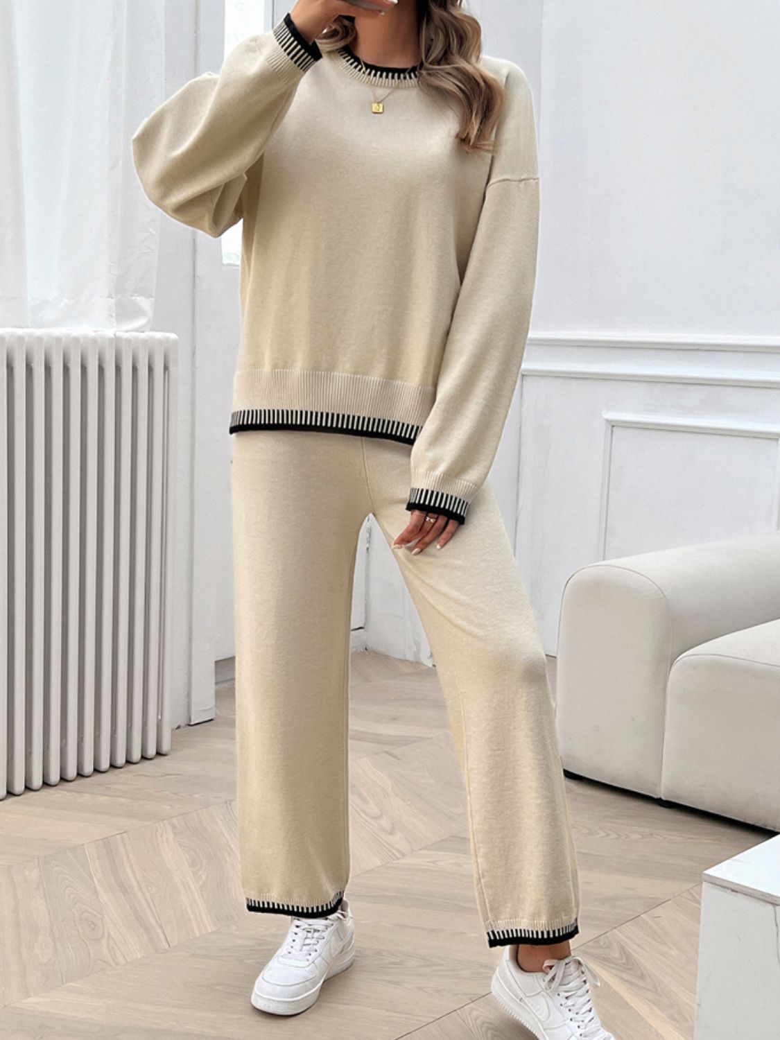 Chic Dropped Shoulder Sweater Set with Round Neck Top and Pants