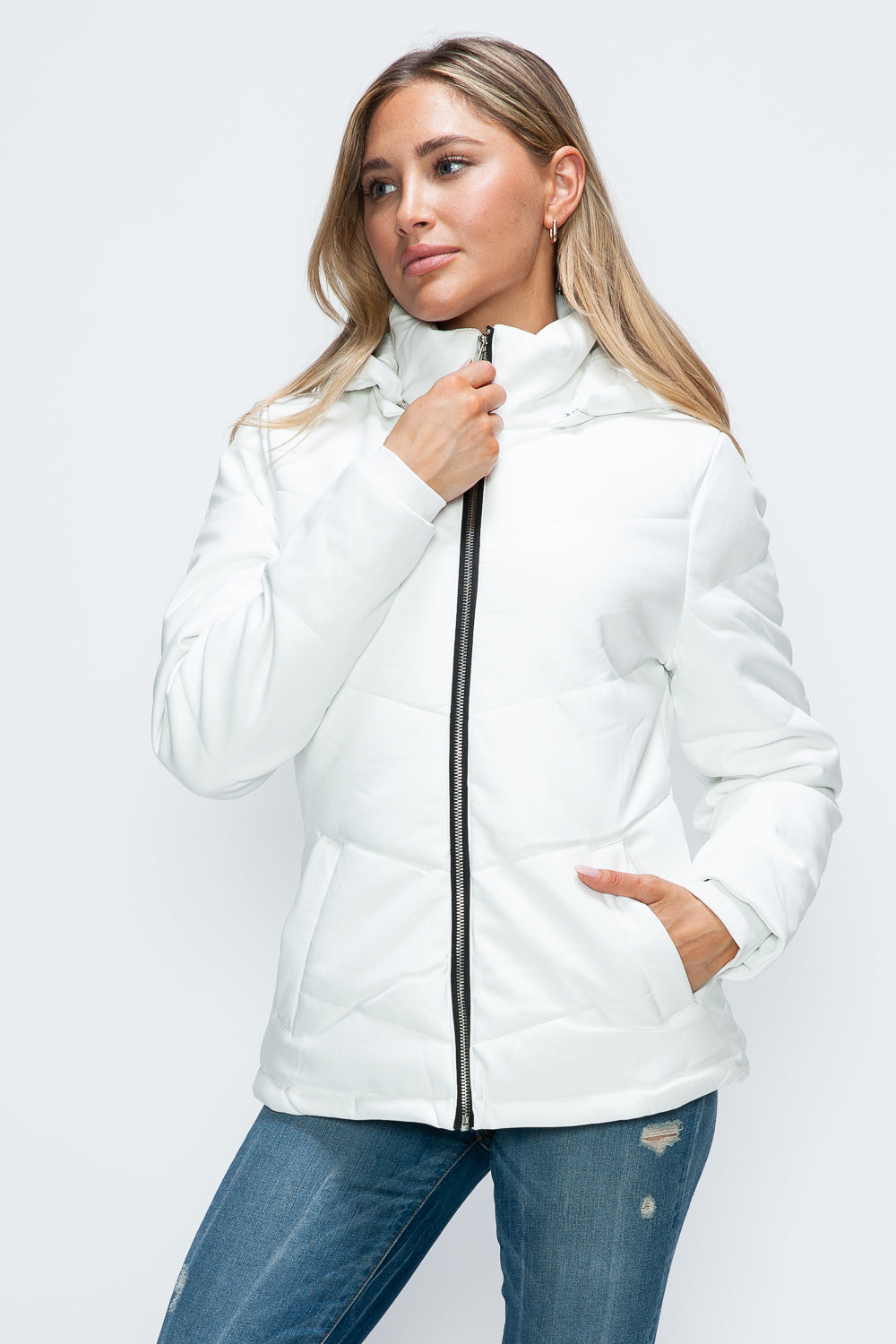 How Dare U Pocketed Zip Up Puffer Jacket with Removable Hood - ShopEasier