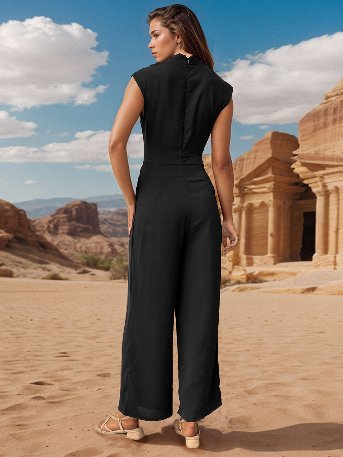 Perfee Ruched Mock Neck Sleeveless Jumpsuit - ShopEasier