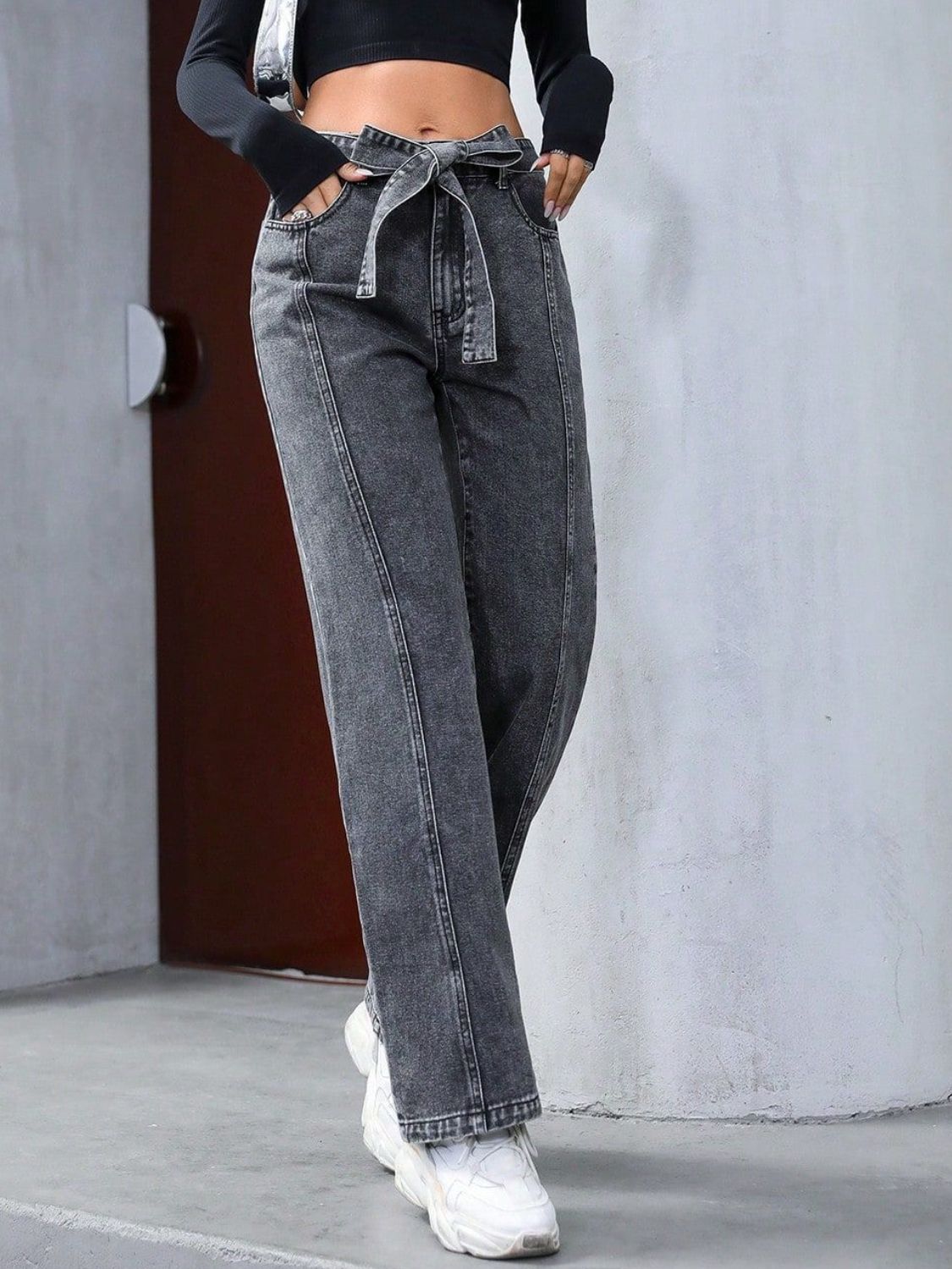 Tied Straight Leg Jeans with Pockets - ShopEasier