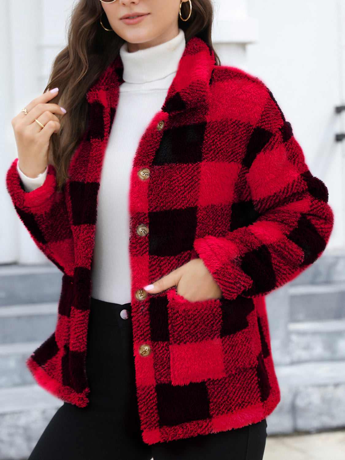 Button Up Drop Shoulder Fuzzy Jacket - ShopEasier