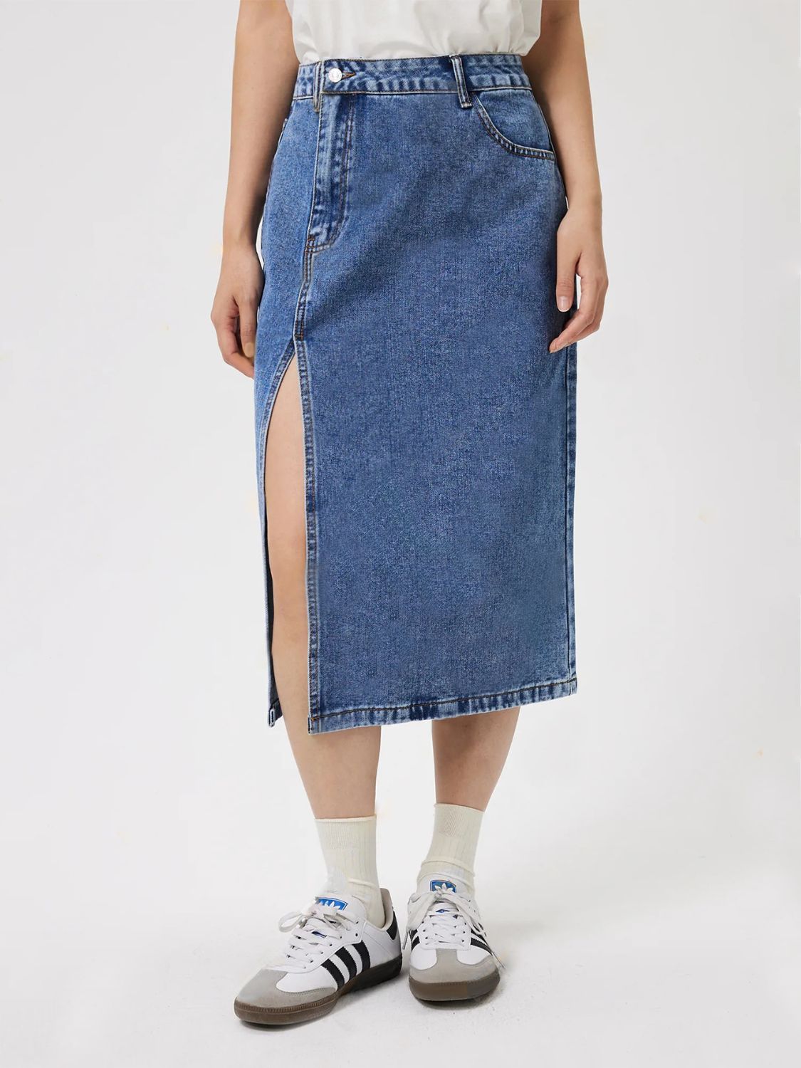 Slit Midi Denim Skirt with Pockets - ShopEasier