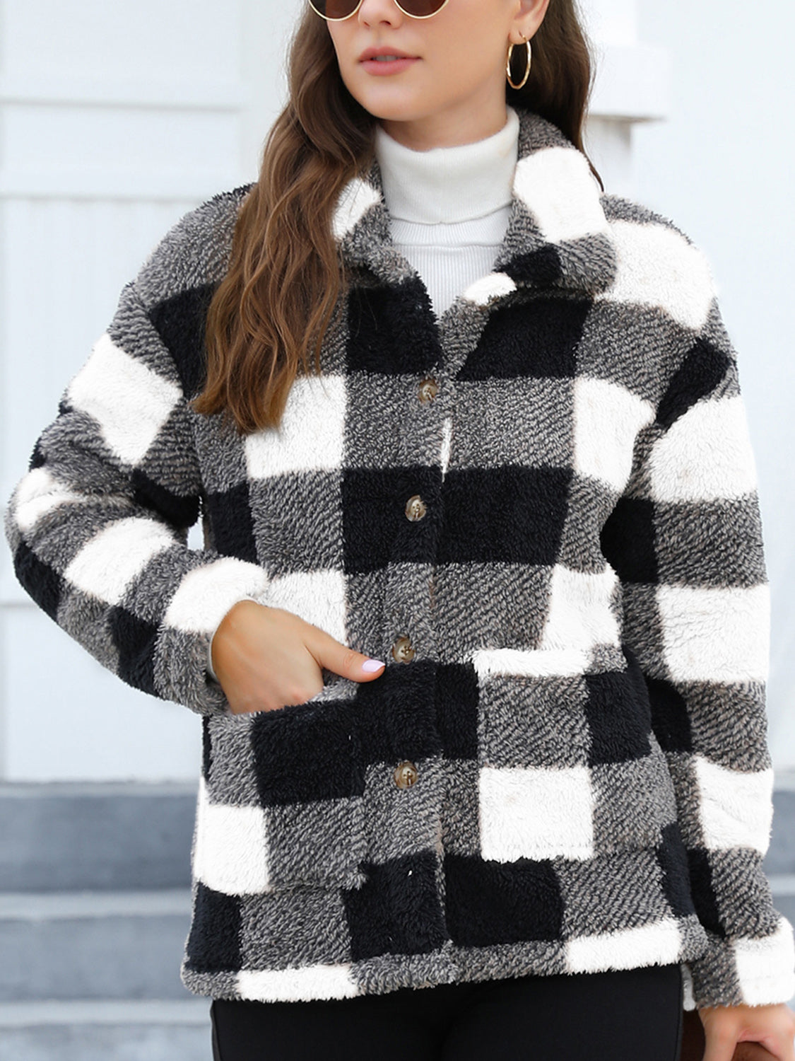 Button Up Drop Shoulder Fuzzy Jacket - ShopEasier