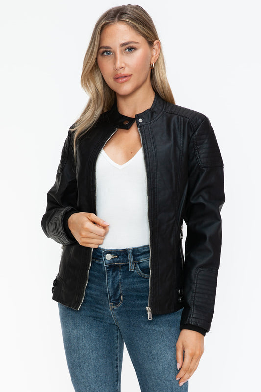 Snobbish Faux Leather Biker Jacket with Side Zip Pockets - ShopEasier