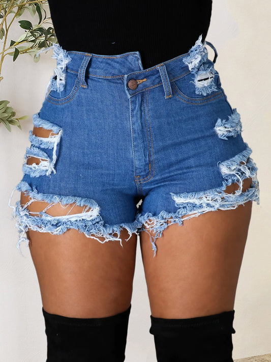 Distressed Pocketed Denim Shorts with Raw Hem Finish