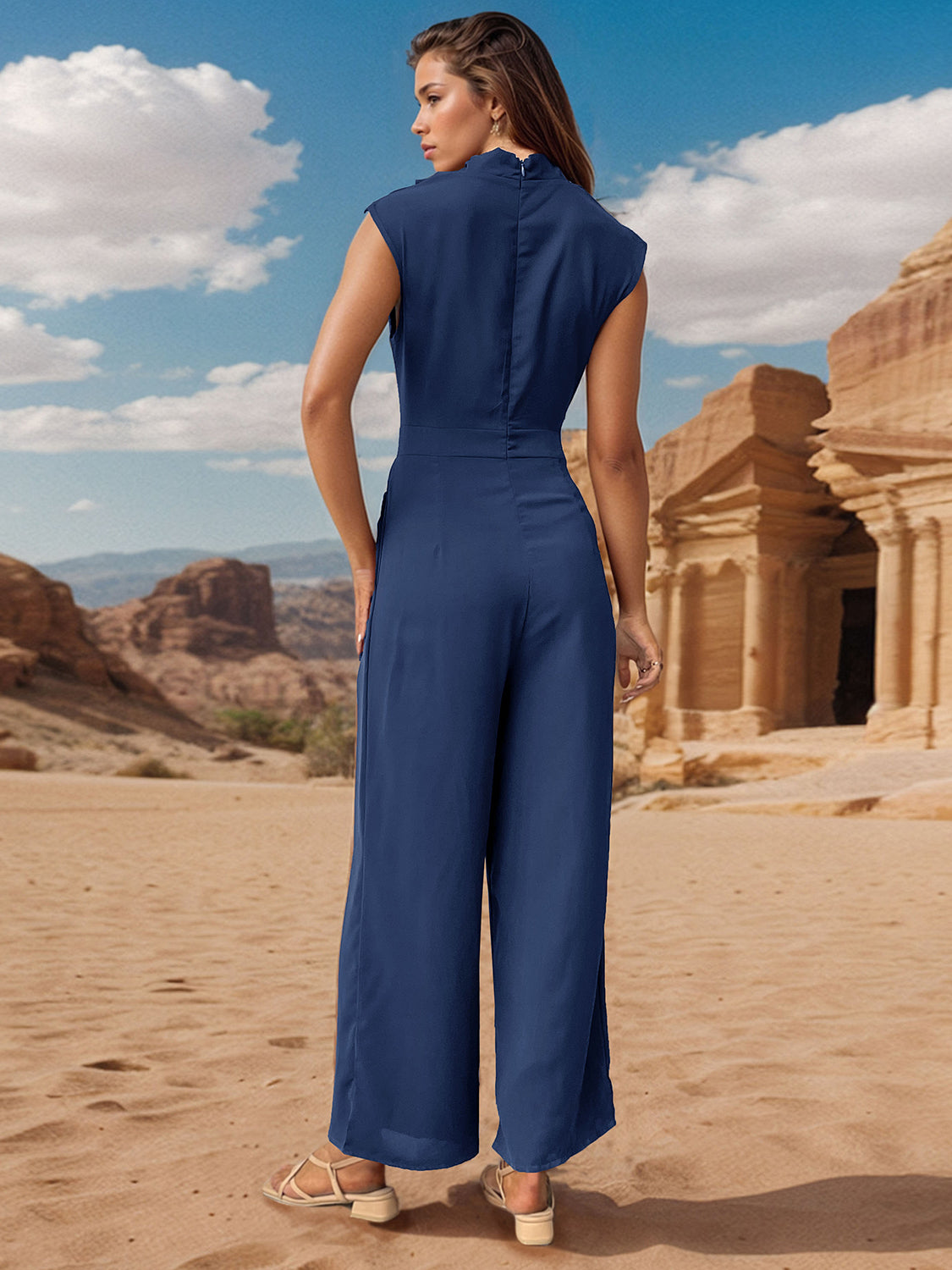 Perfee Ruched Mock Neck Sleeveless Jumpsuit - ShopEasier