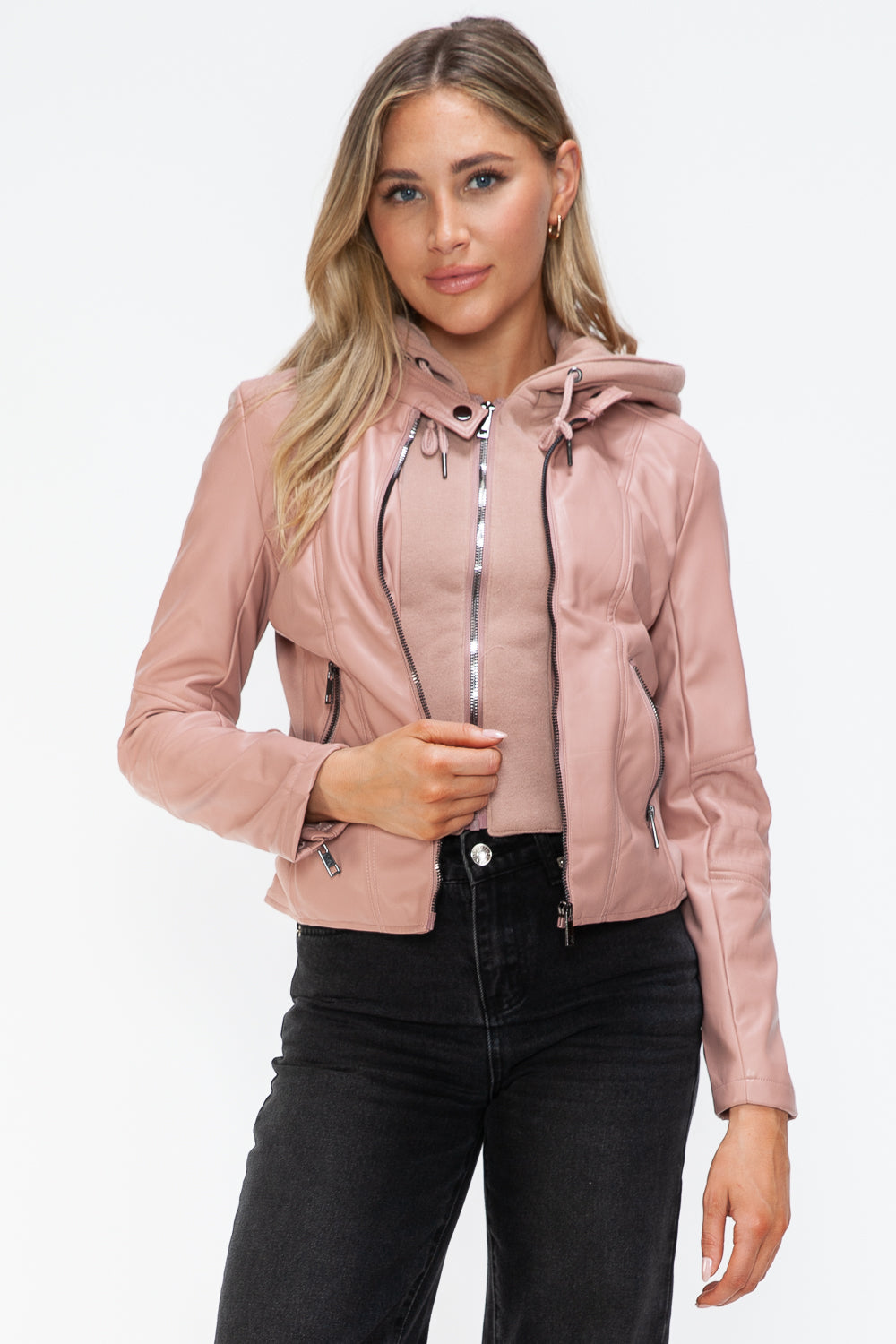 Snobbish Faux Leather Zip Up Drawstring Hooded Jacket - ShopEasier