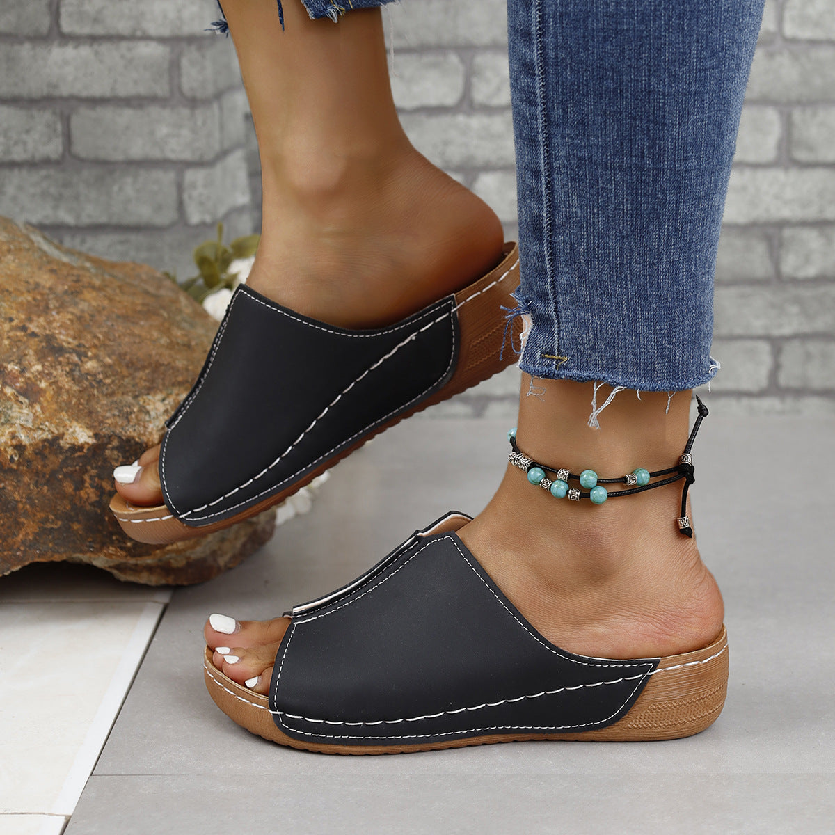 Stylish PU Leather Open-Toe Low Heel Sandals