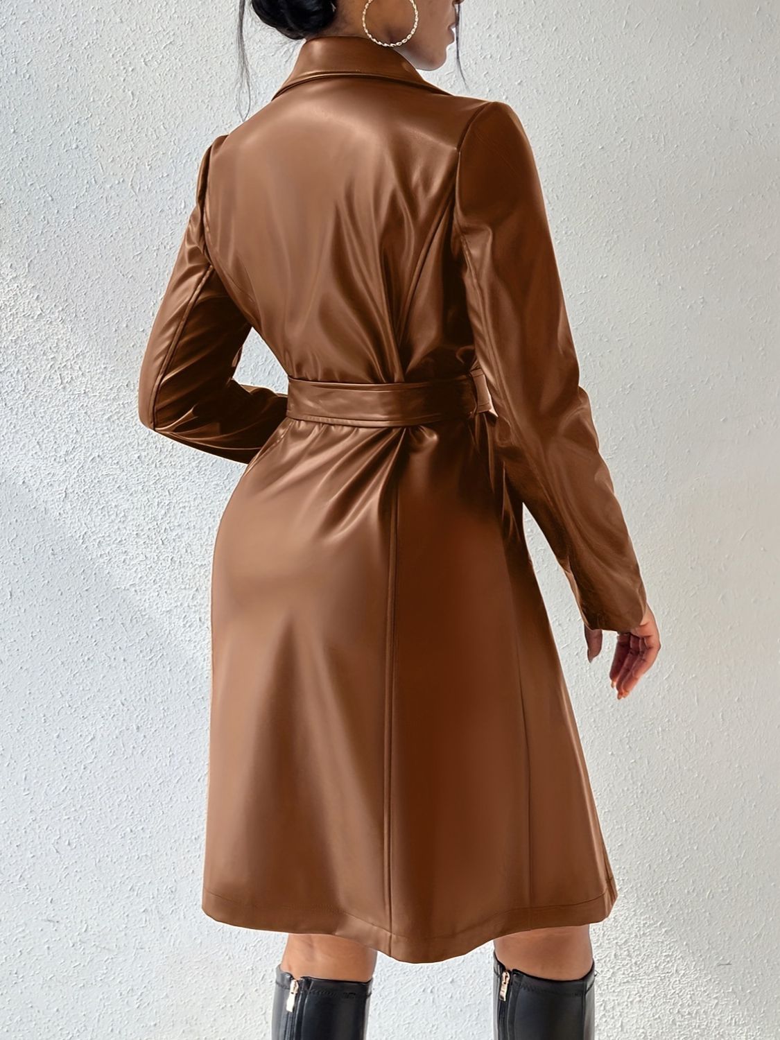 Tied PU Leather Long Sleeve Trench Coat - ShopEasier