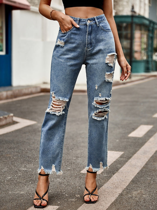 Distressed Raw Hem Jeans with Pockets - ShopEasier