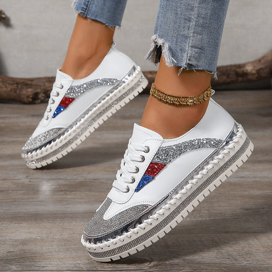 Rhinestone Lace Up Round Toe Platform Sneakers